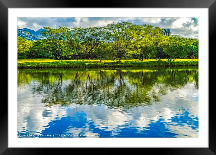 Colorful Green Trees Clouds Ala Wai Canal Reflection Honolulu Ha Framed Mounted Print by William Perry