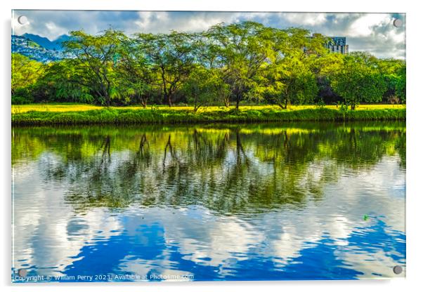 Colorful Green Trees Clouds Ala Wai Canal Reflection Honolulu Ha Acrylic by William Perry