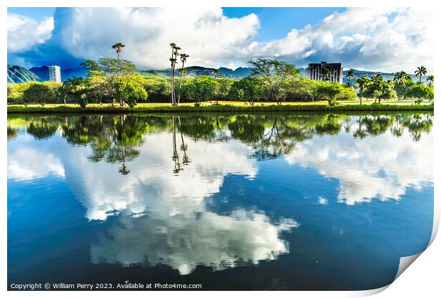 Colorful Green Trees Clouds Ala Wai Canal Reflection Honolulu Ha Print by William Perry