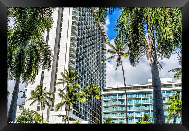 Colorful Hotels Palm Trees Waikiki Beach Honolulu Hawaii Framed Print by William Perry