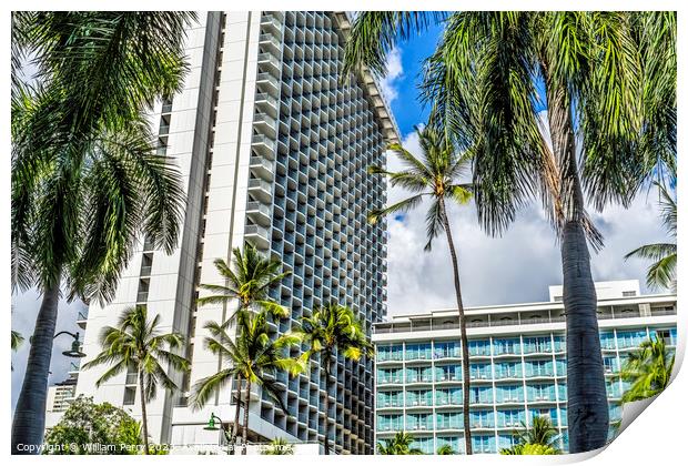 Colorful Hotels Palm Trees Waikiki Beach Honolulu Hawaii Print by William Perry