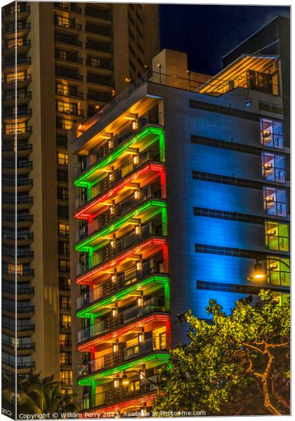 Colorful Illuminated Hotel Christmas Lights Waikiki Honolulu Haw Canvas Print by William Perry