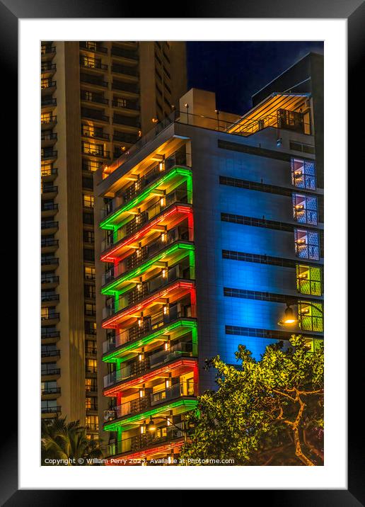 Colorful Illuminated Hotel Christmas Lights Waikiki Honolulu Haw Framed Mounted Print by William Perry