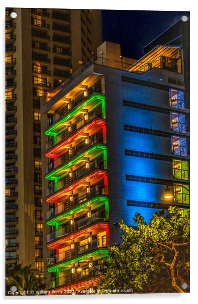 Colorful Illuminated Hotel Christmas Lights Waikiki Honolulu Haw Acrylic by William Perry