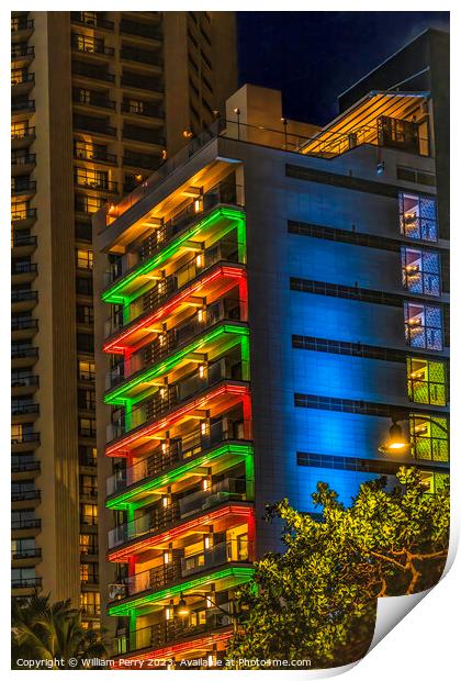 Colorful Illuminated Hotel Christmas Lights Waikiki Honolulu Haw Print by William Perry