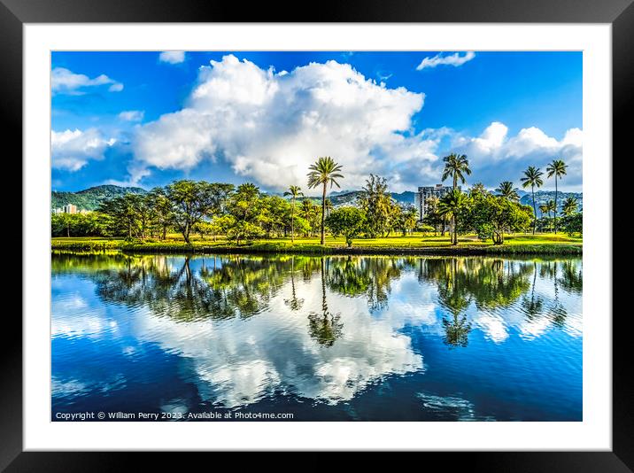Colorful Green Trees Clouds Ala Wai Canal Reflection Honolulu Ha Framed Mounted Print by William Perry