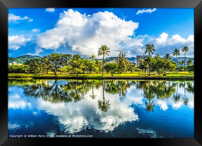 Colorful Green Trees Clouds Ala Wai Canal Reflection Honolulu Ha Framed Print by William Perry