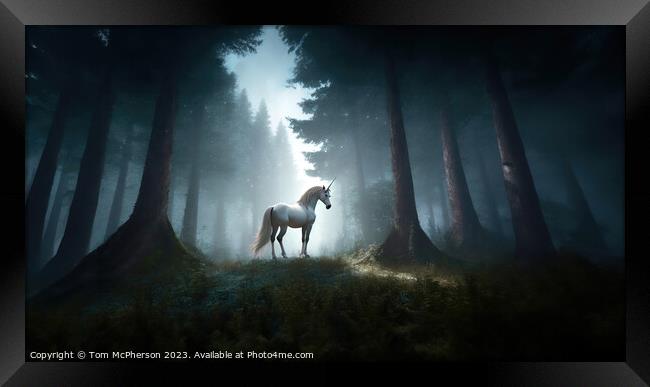 Mythical Unicorn in Forest  Framed Print by Tom McPherson