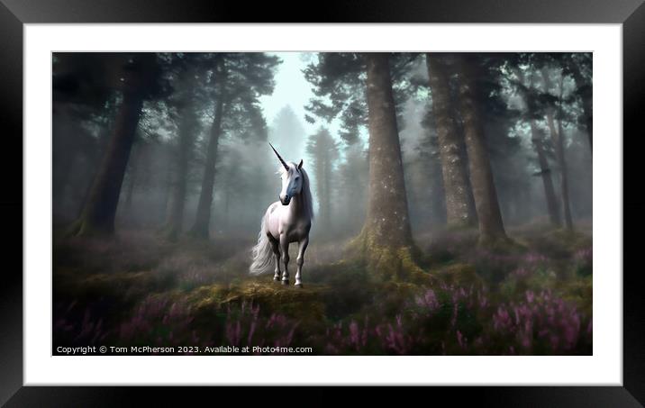Mythical Unicorn in Forest Clearing Framed Mounted Print by Tom McPherson