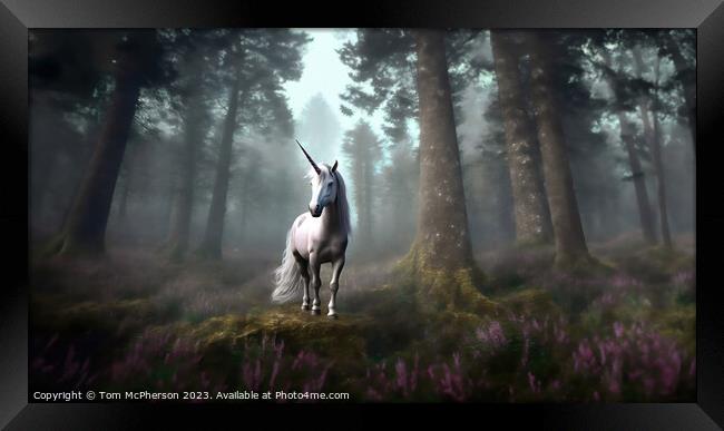 Mythical Unicorn in Forest Clearing Framed Print by Tom McPherson