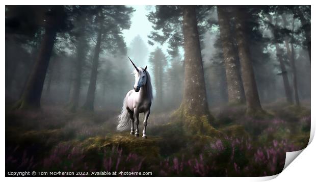 Mythical Unicorn in Forest Clearing Print by Tom McPherson