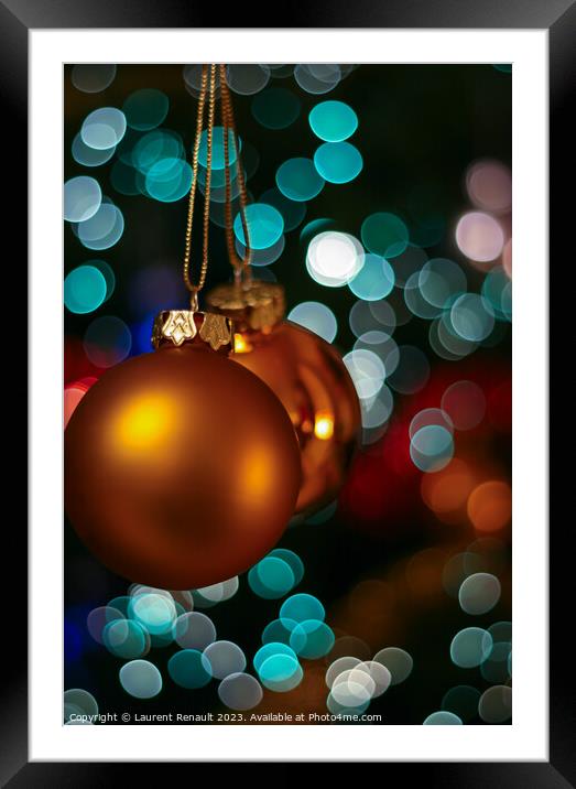 Gold Christmas bauble balls decoration ornament hanging from Chr Framed Mounted Print by Laurent Renault
