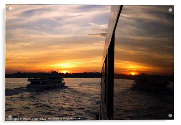 A sunset in Istanbul with the reflections on a boats windows 2 Acrylic by Engin Sezer