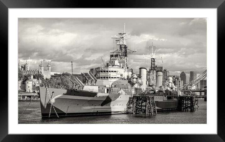 HMS Belfast, City of London. Framed Mounted Print by David Jeffery