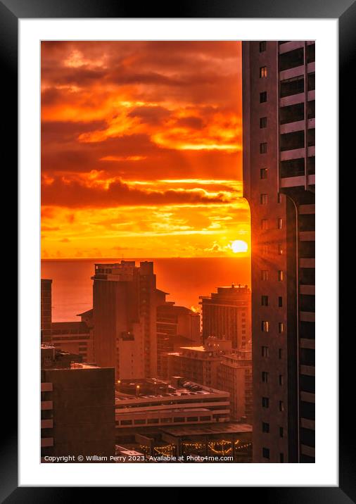 Colorful Sunset Pacific Ocean Buildings Waikiki Honolulu Hawaii Framed Mounted Print by William Perry