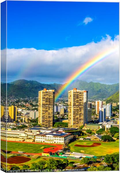 Colorful Double Rainbows Buildings Tantalus Waikiki Honolulu Haw Canvas Print by William Perry