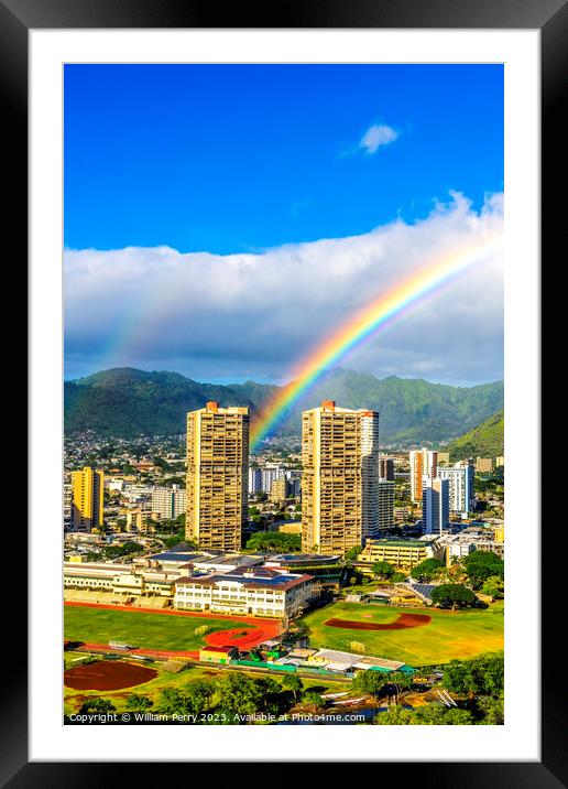 Colorful Double Rainbows Buildings Tantalus Waikiki Honolulu Haw Framed Mounted Print by William Perry