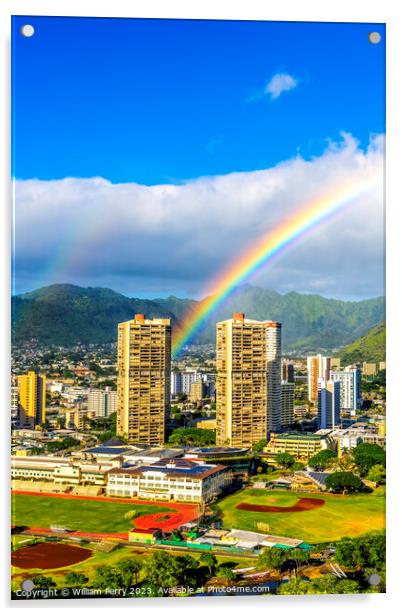 Colorful Double Rainbows Buildings Tantalus Waikiki Honolulu Haw Acrylic by William Perry