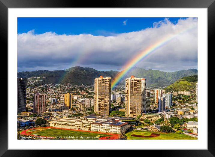 Colorful Double Rainbows Buildings Waikiki Honolulu Hawaii Framed Mounted Print by William Perry