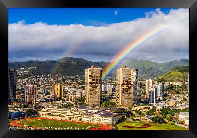 Colorful Double Rainbows Buildings Waikiki Honolulu Hawaii Framed Print by William Perry