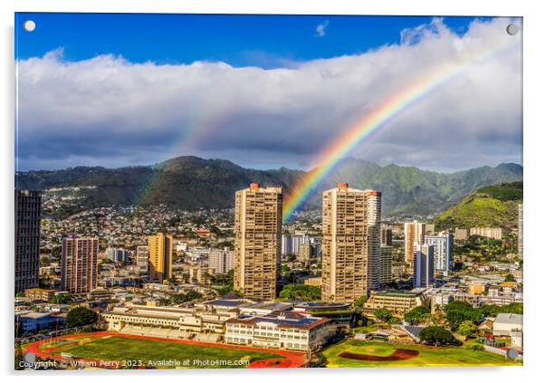 Colorful Double Rainbows Buildings Waikiki Honolulu Hawaii Acrylic by William Perry