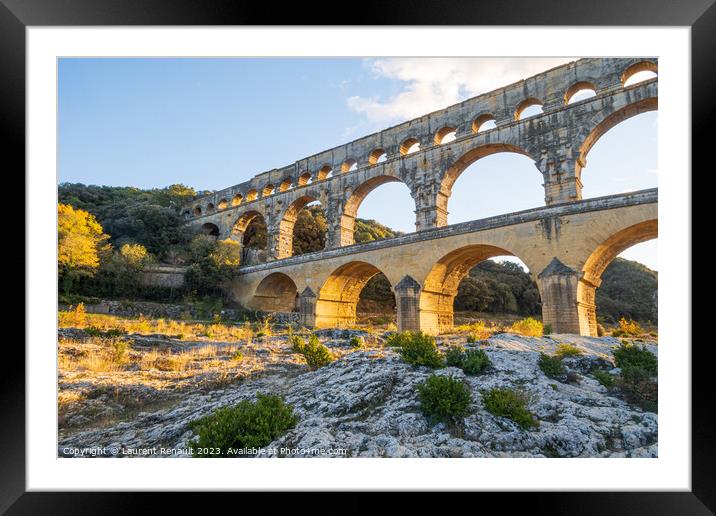 The magnificent Pont du Gard, at setting sun., ancient Roman aqu Framed Mounted Print by Laurent Renault