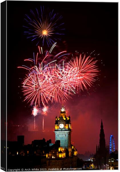 Edinburgh fireworks, city centre, Scotland, UK Canvas Print by Arch White