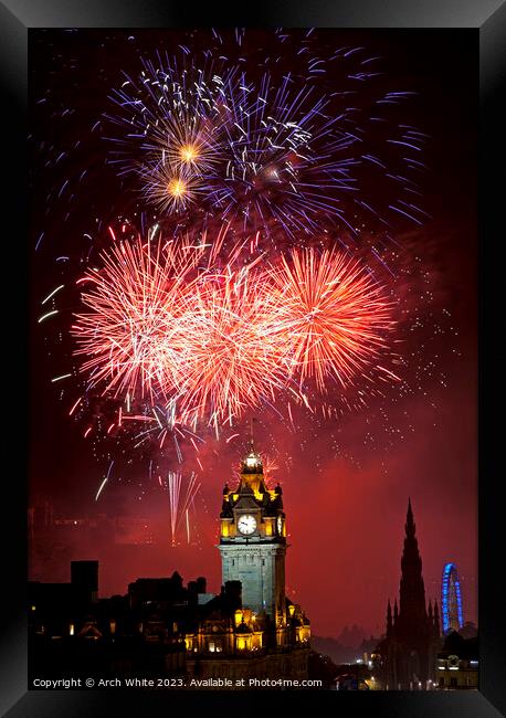 Edinburgh fireworks, city centre, Scotland, UK Framed Print by Arch White