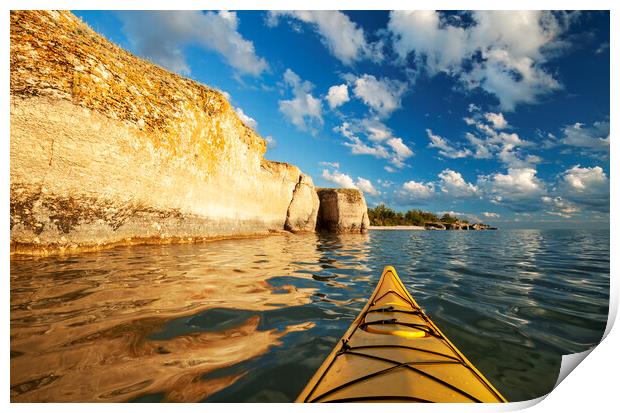 kayaking along limestone cliffs Print by Dave Reede
