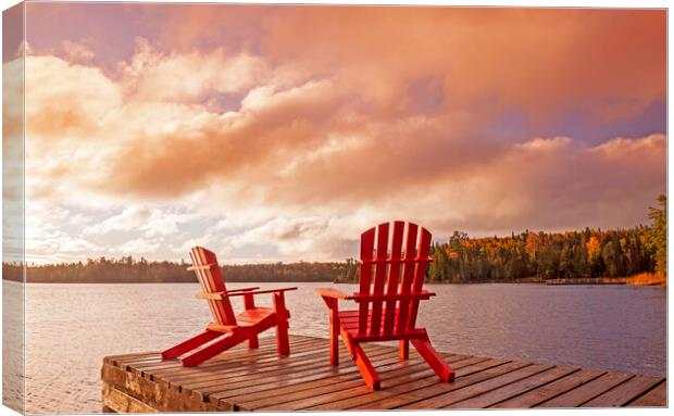chairs on dock, Lyons Lake Canvas Print by Dave Reede