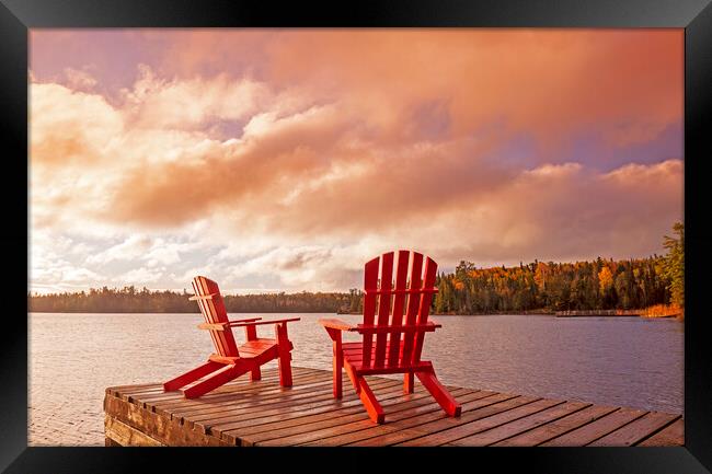 chairs on dock, Lyons Lake Framed Print by Dave Reede