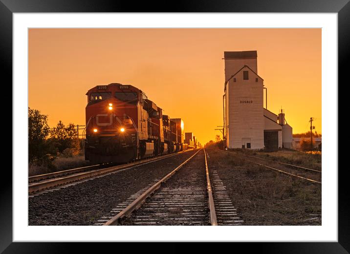 train pulling shipping containers passes a grain elevator Framed Mounted Print by Dave Reede