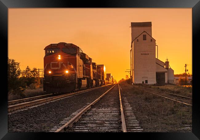 train pulling shipping containers passes a grain elevator Framed Print by Dave Reede
