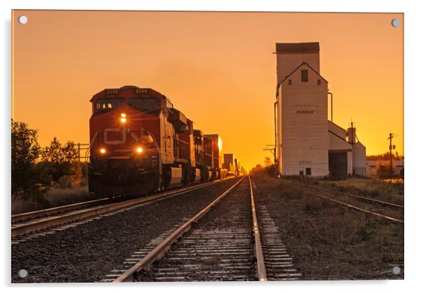 train pulling shipping containers passes a grain elevator Acrylic by Dave Reede