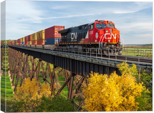 rail cars carrying containers on the Uno trestle Canvas Print by Dave Reede