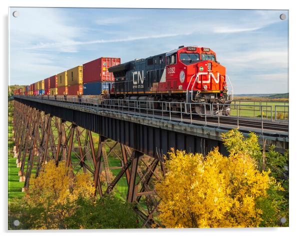 rail cars carrying containers on the Uno trestle Acrylic by Dave Reede