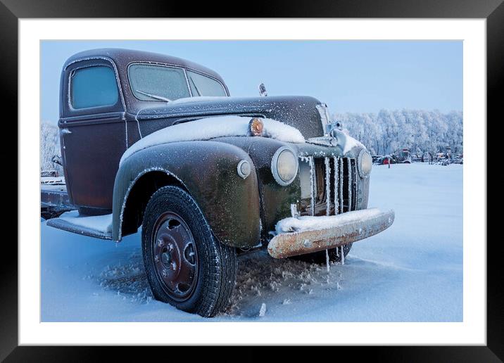 old truck, hoarfrost on trees Framed Mounted Print by Dave Reede