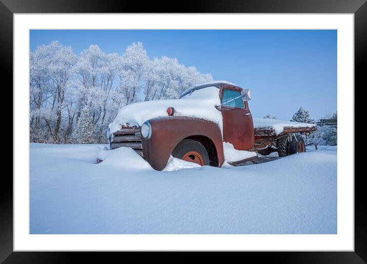 old truck on a day of hoarfrost Framed Mounted Print by Dave Reede