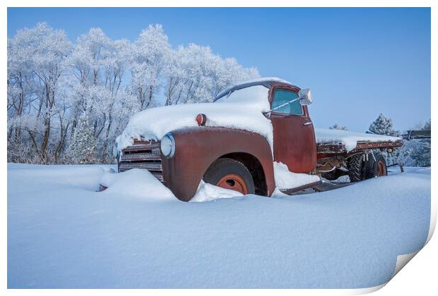 old truck on a day of hoarfrost Print by Dave Reede