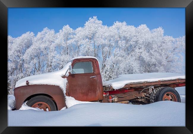 old truck in the snow Framed Print by Dave Reede