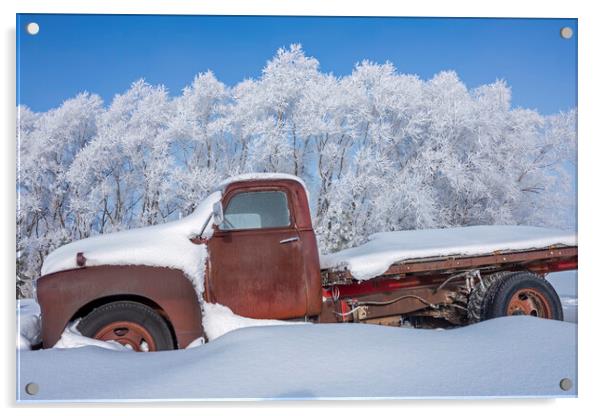 old truck in the snow Acrylic by Dave Reede