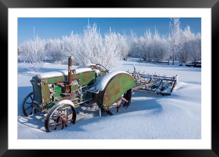 old tractor, hoarfrost on trees Framed Mounted Print by Dave Reede