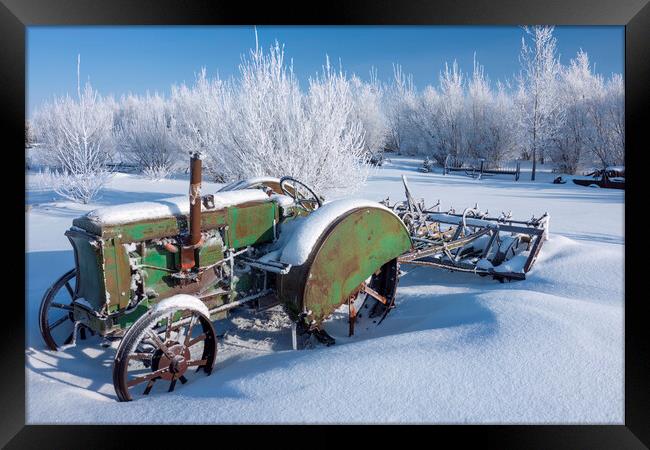 old tractor, hoarfrost on trees Framed Print by Dave Reede