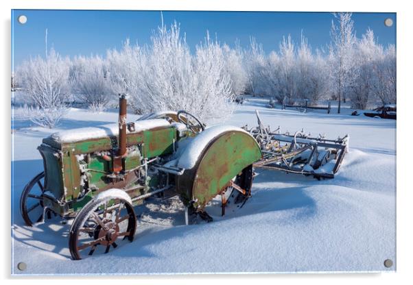 old tractor, hoarfrost on trees Acrylic by Dave Reede