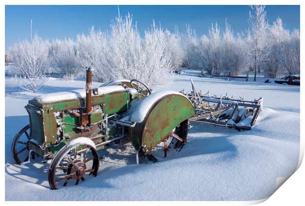 old tractor, hoarfrost on trees Print by Dave Reede