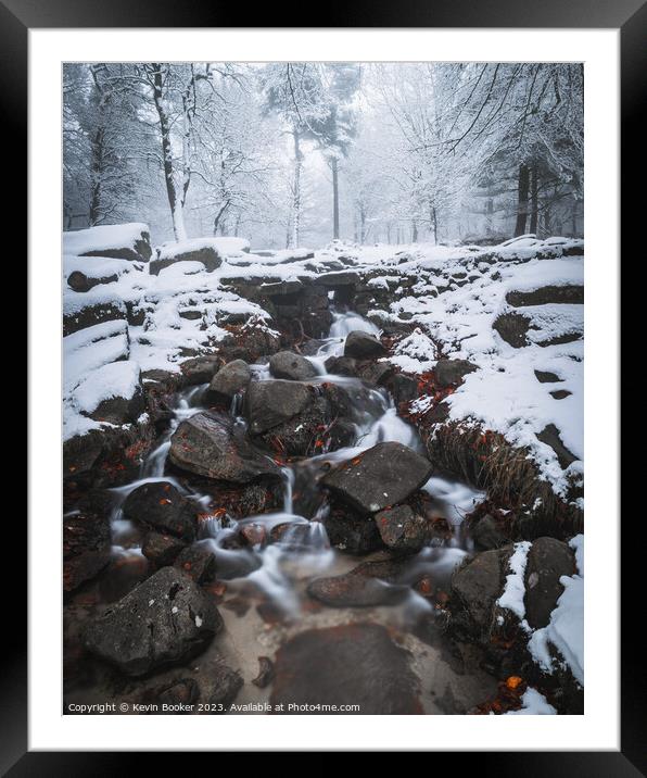 Snowy waterfall scene in the peak district, December  Framed Mounted Print by Kevin Booker
