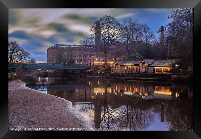 Winter Days at Salts Mill and The Boathouse Inn Framed Print by Richard Perks