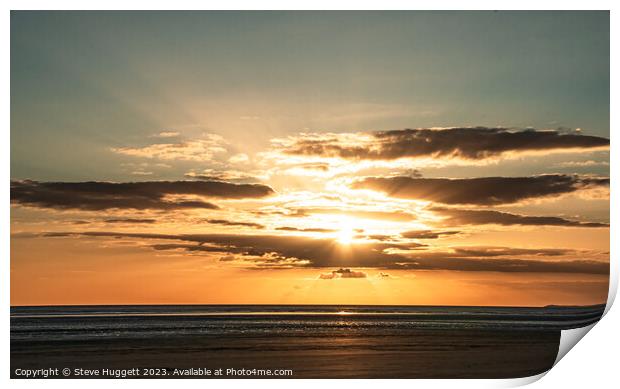 Sunset with  Rays bracking through the cloud at Pembrey Beach Wales Print by Steve Huggett