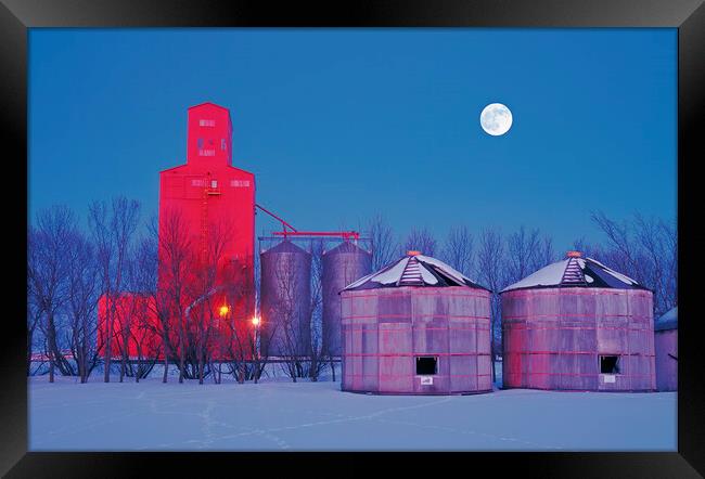 old grain bins on a farm next to a grain elevator Framed Print by Dave Reede