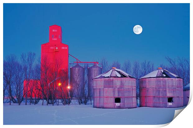 old grain bins on a farm next to a grain elevator Print by Dave Reede